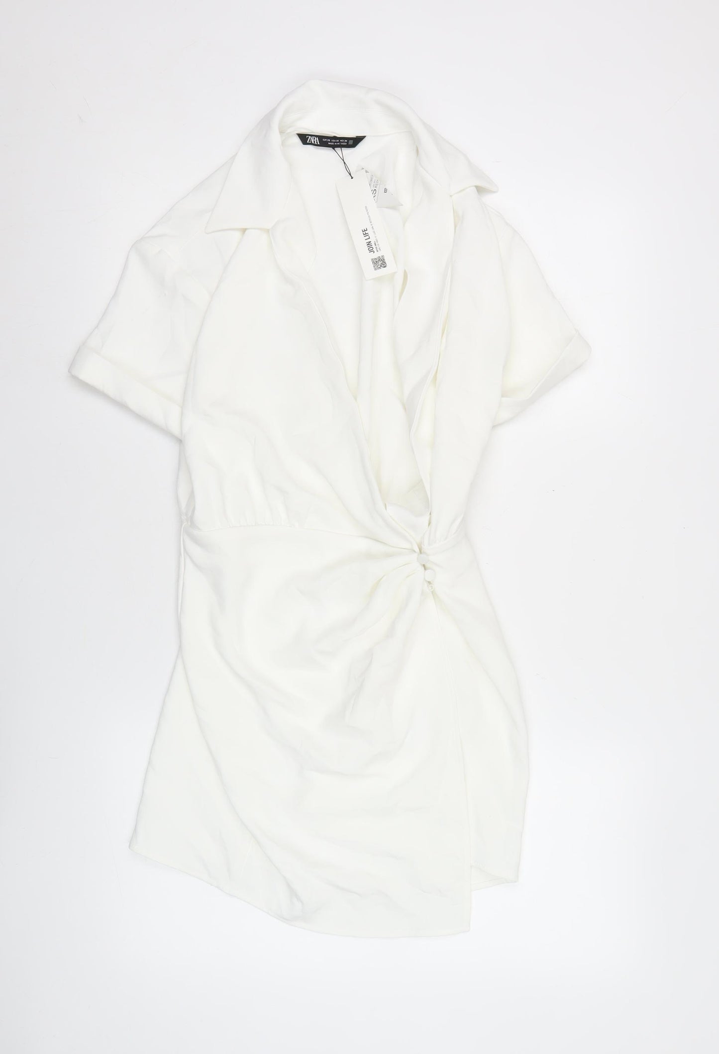 Zara Women White XS Shift Dress Short Sleeve Collared Summer