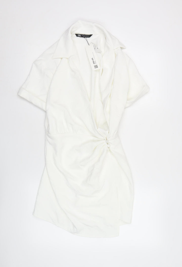 Zara Women White XS Shift Dress Short Sleeve Collared Summer