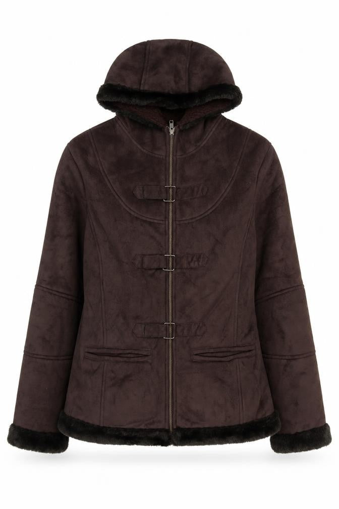 Front view of Avenue women’s brown hooded winter coat, size UK 14, lined polyester
