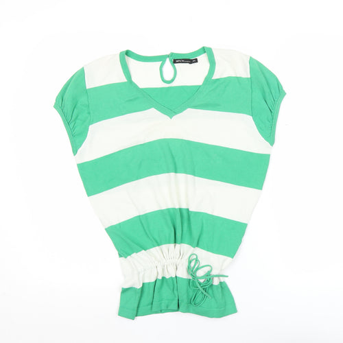 MISSON Women’s Green White Striped 2XL Tunic V-Neck Top
