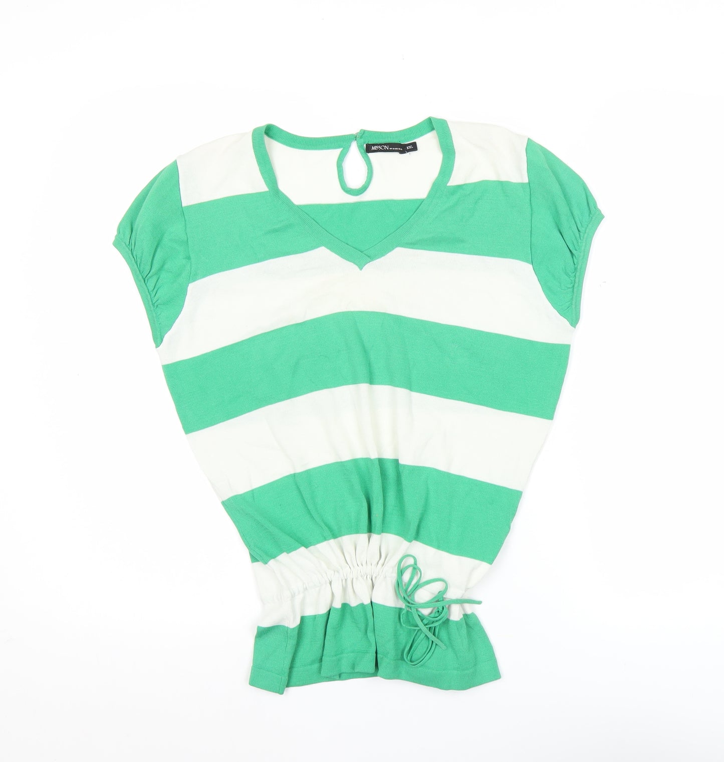 MISSON Women’s Green White Striped 2XL Tunic V-Neck Top