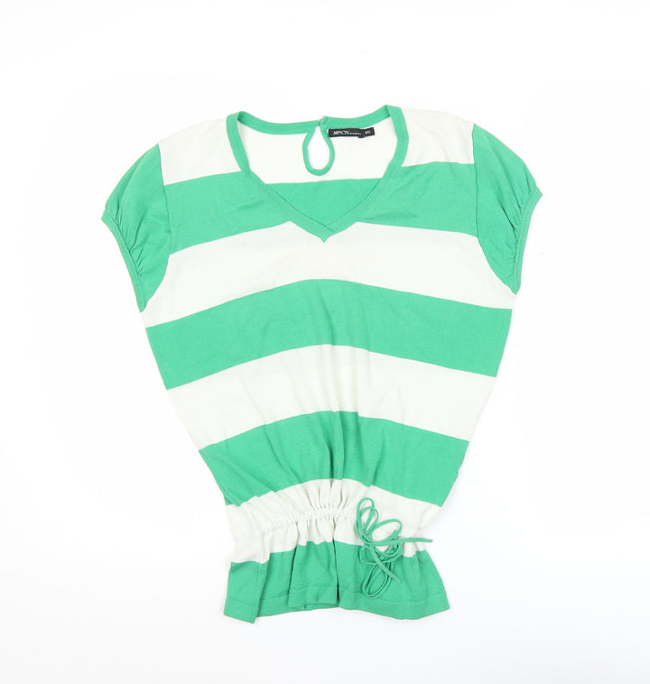 MISSON Women’s Green White Striped 2XL Tunic V-Neck Top