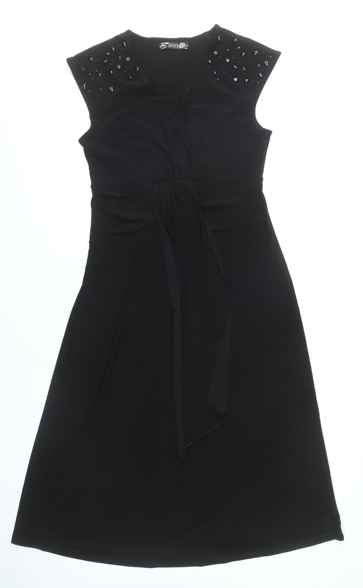 Joanna Hope Women’s Black Size 12 Sleeveless Beaded Wrap Dress