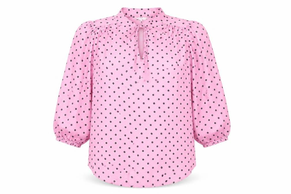 Front view of Marks & Spencer women’s pink polka dot blouse, size UK 10, tunic style