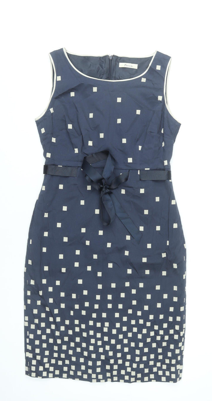 Precis Womens Blue Geometric Sheath Dress Size 10 Sleeveless Knee Length