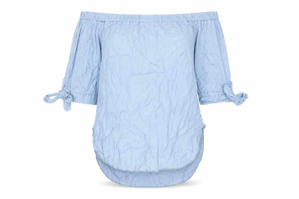 Front view of Blue Vanilla Women’s Blue Off Shoulder Tunic Blouse, size S