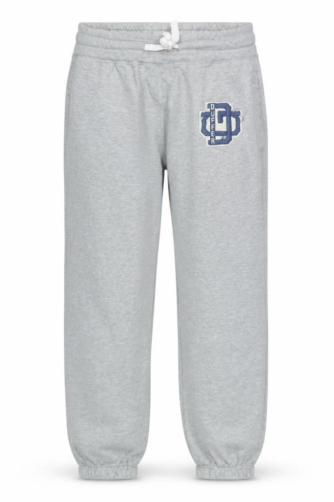 Front view of Duffer men’s grey sweatpants, size M, regular fit casual trousers