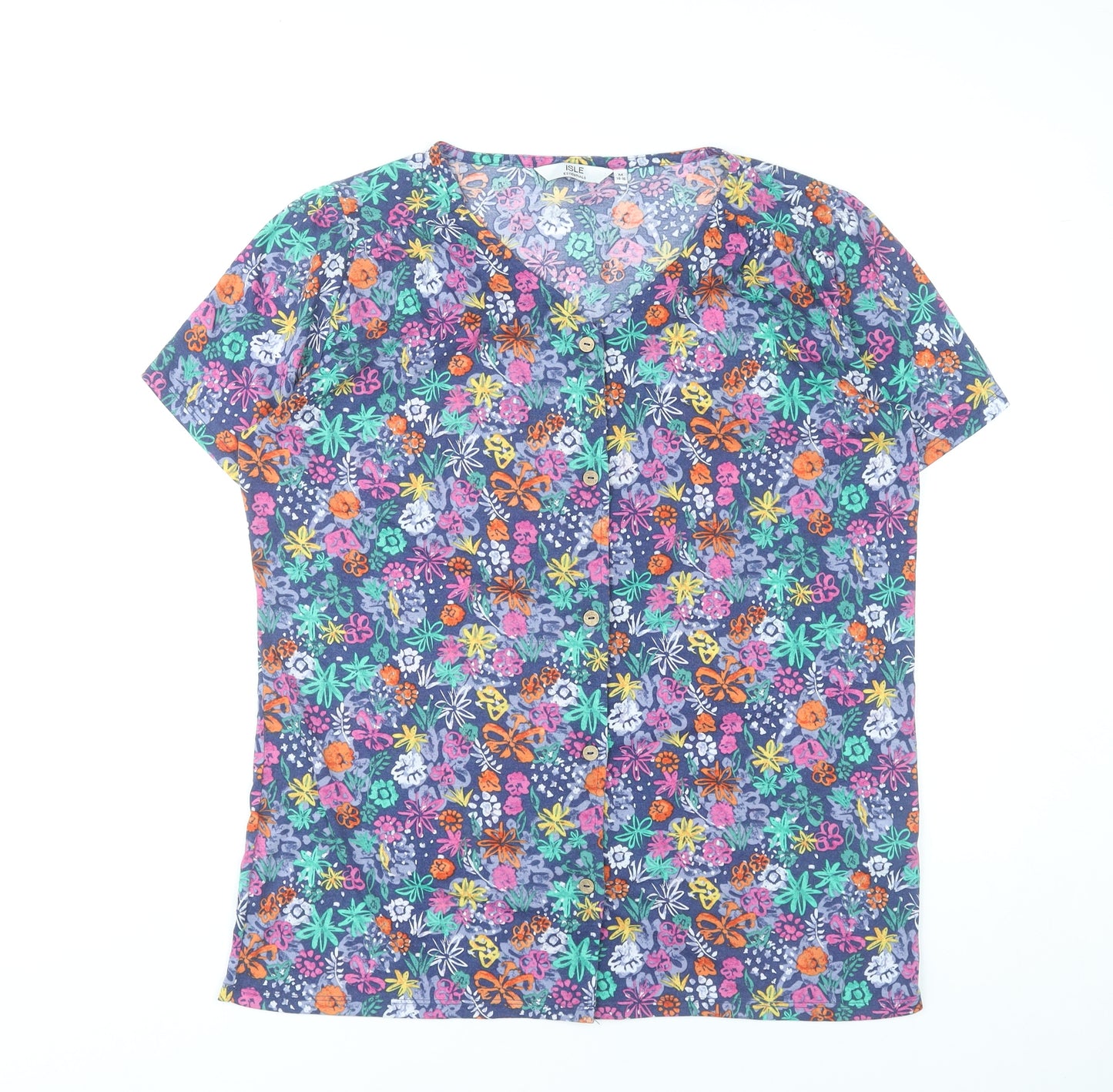 Isle Essentials Womens Multicoloured Floral Blouse M 14-16 Short Sleeve V-Neck