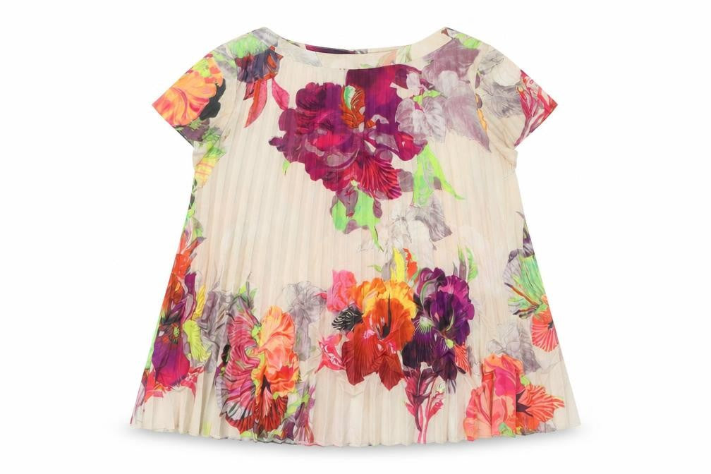 Front view of Ted Baker Women’s Multicoloured Floral Pleated Tunic Blouse, size UK 8