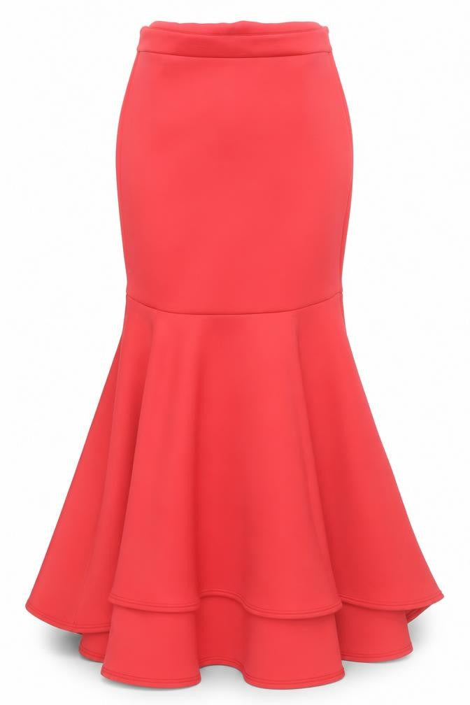 Front view of True Violet Women's Red Trumpet Midi Skirt, size 10