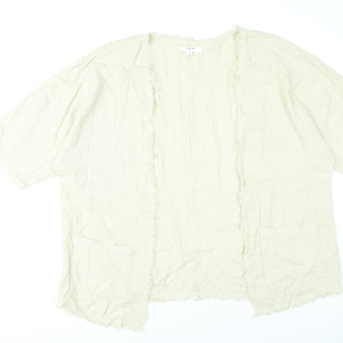 Next Women’s Beige Linen Viscose Kimono Blouse L Boho Fringe Open Front