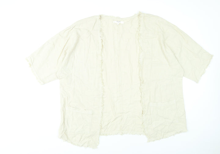 Next Women’s Beige Linen Viscose Kimono Blouse L Boho Fringe Open Front