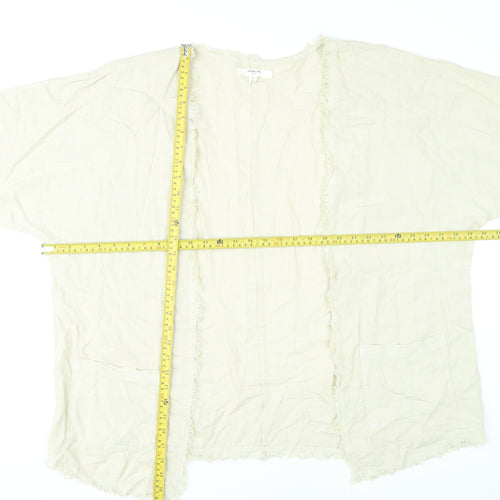 Next Women’s Beige Linen Viscose Kimono Blouse L Boho Fringe Open Front