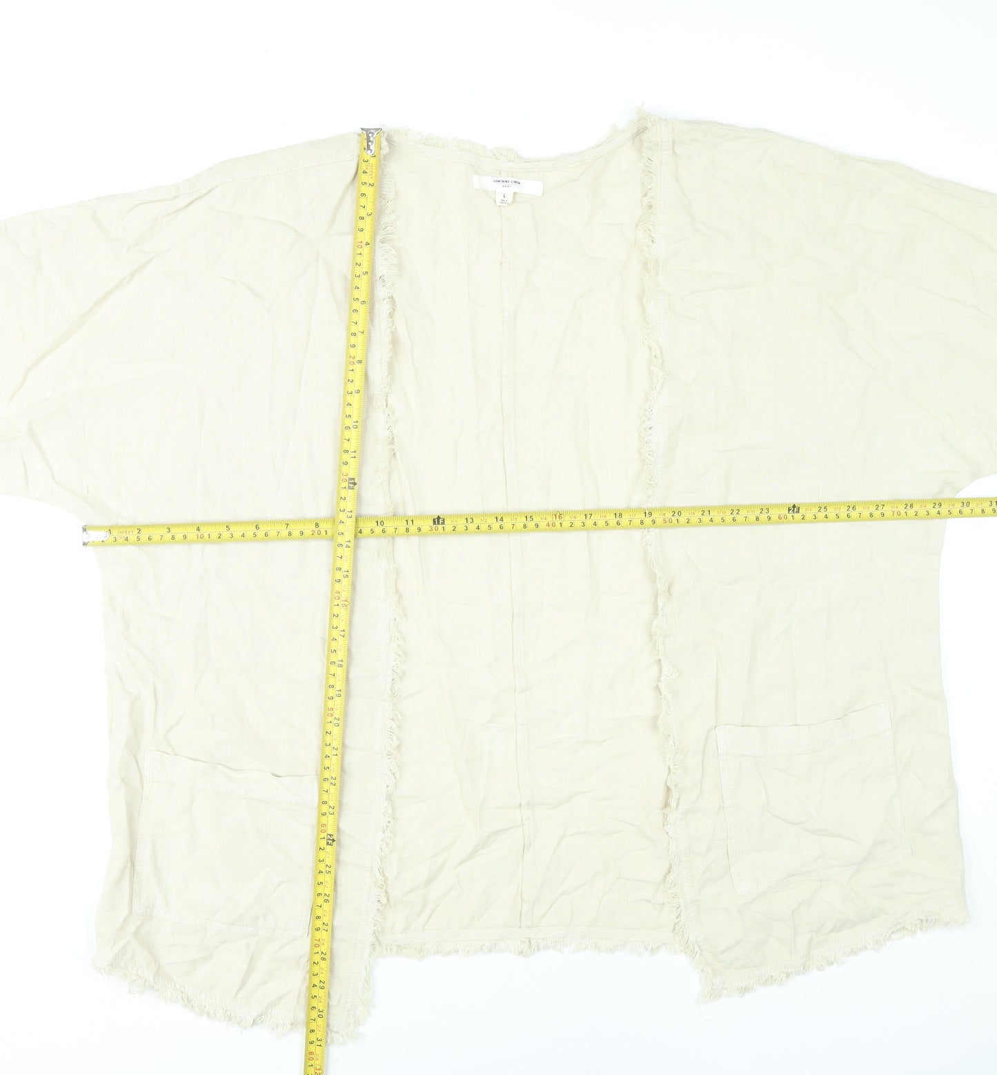 Next Women’s Beige Linen Viscose Kimono Blouse L Boho Fringe Open Front