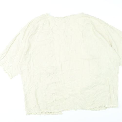Next Women’s Beige Linen Viscose Kimono Blouse L Boho Fringe Open Front
