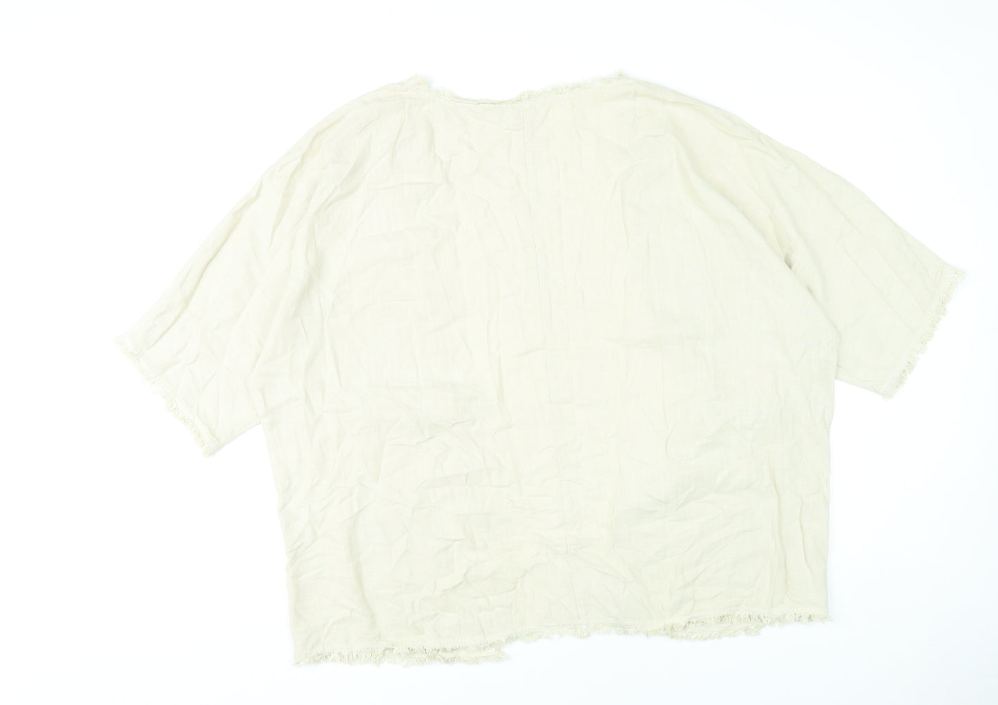 Next Women’s Beige Linen Viscose Kimono Blouse L Boho Fringe Open Front