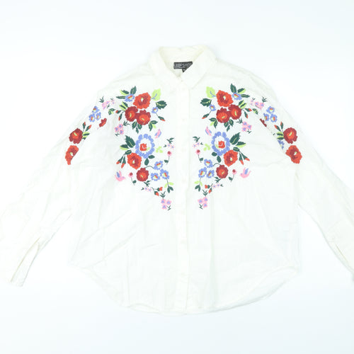 Topshop Womens White Floral Embroidered Cotton Button-Up Shirt UK 6