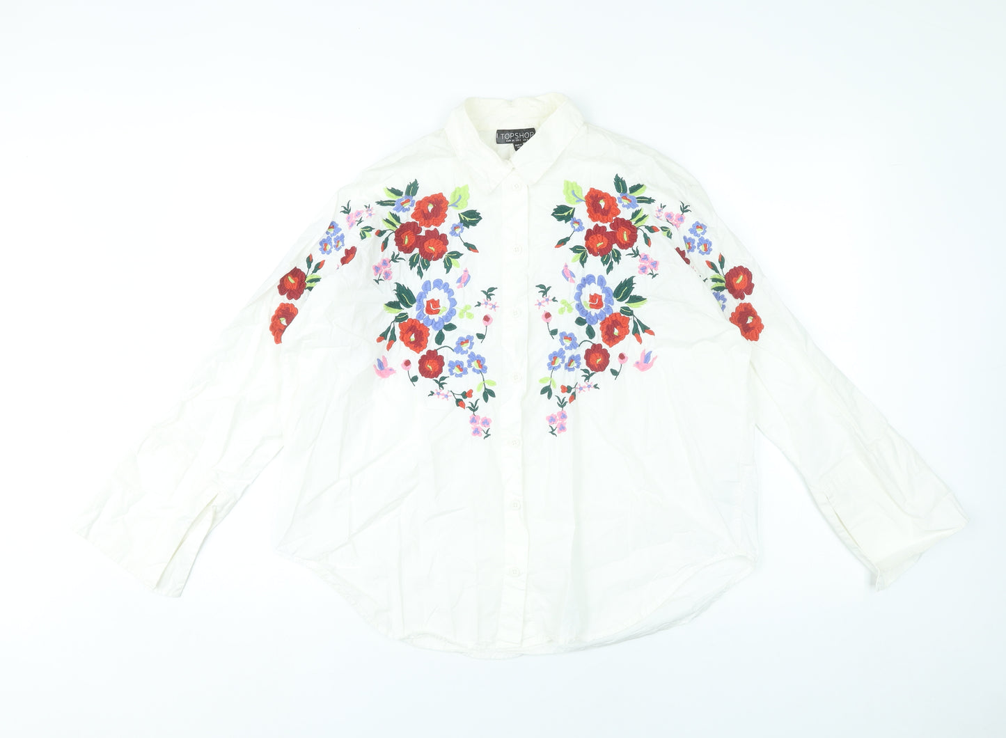 Topshop Womens White Floral Embroidered Cotton Button-Up Shirt UK 6
