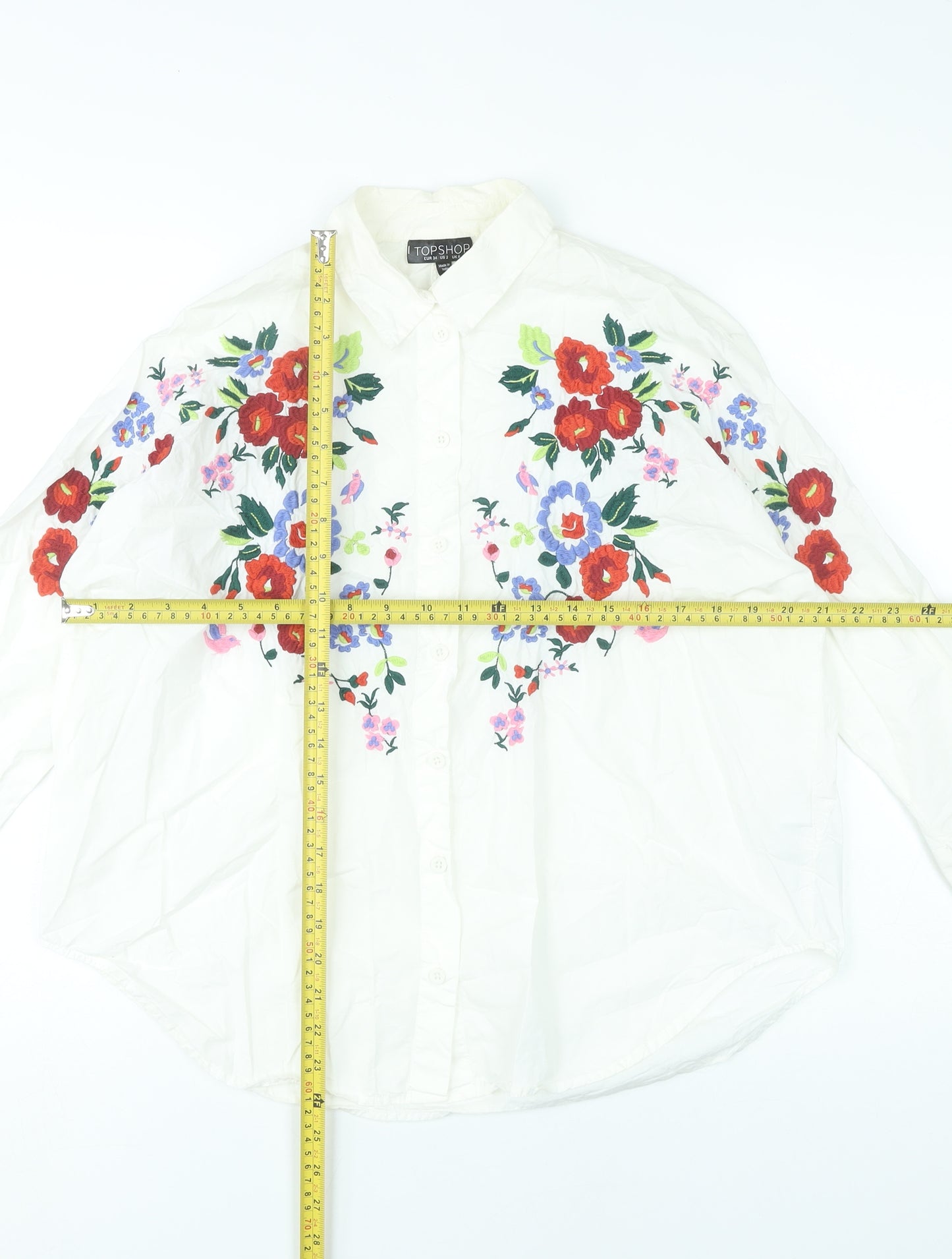 Topshop Womens White Floral Embroidered Cotton Button-Up Shirt UK 6