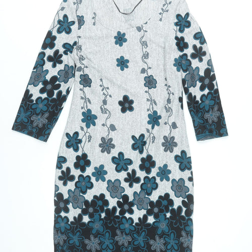 Roman Women’s Grey Blue Floral Shift Dress Size 10 Scoop Neck
