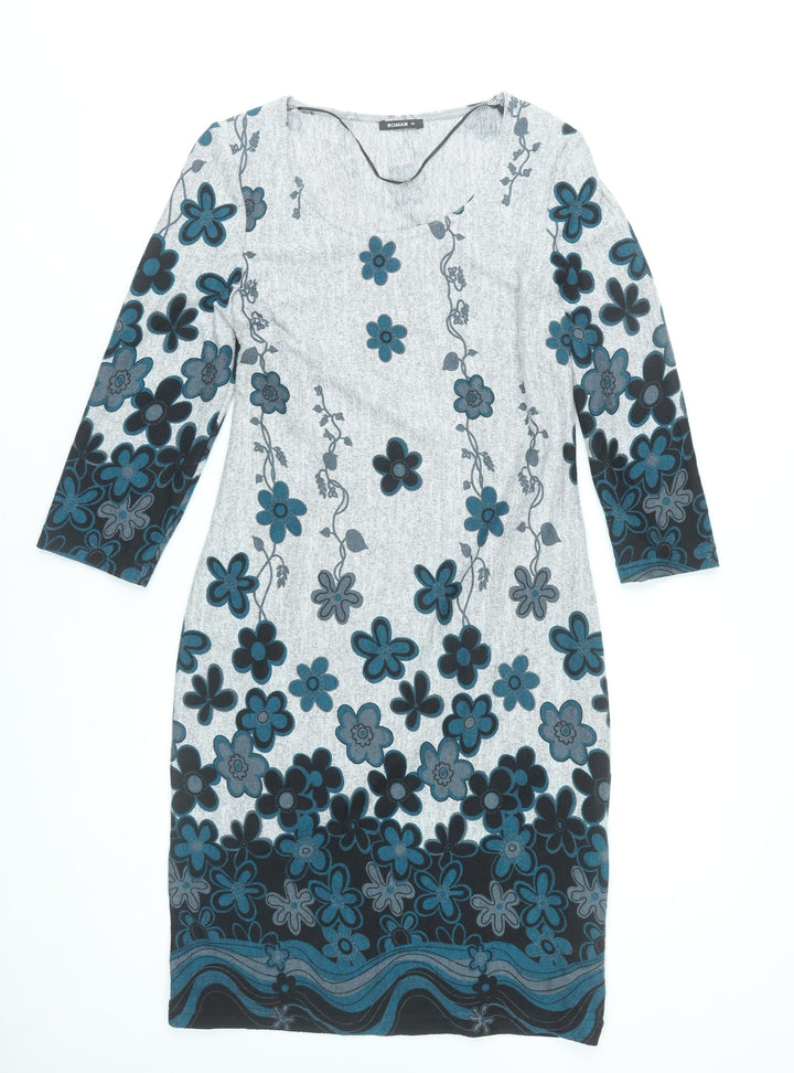 Roman Women’s Grey Blue Floral Shift Dress Size 10 Scoop Neck