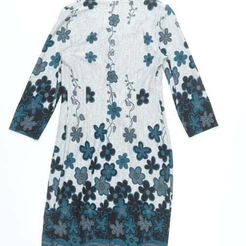 Roman Women’s Grey Blue Floral Shift Dress Size 10 Scoop Neck