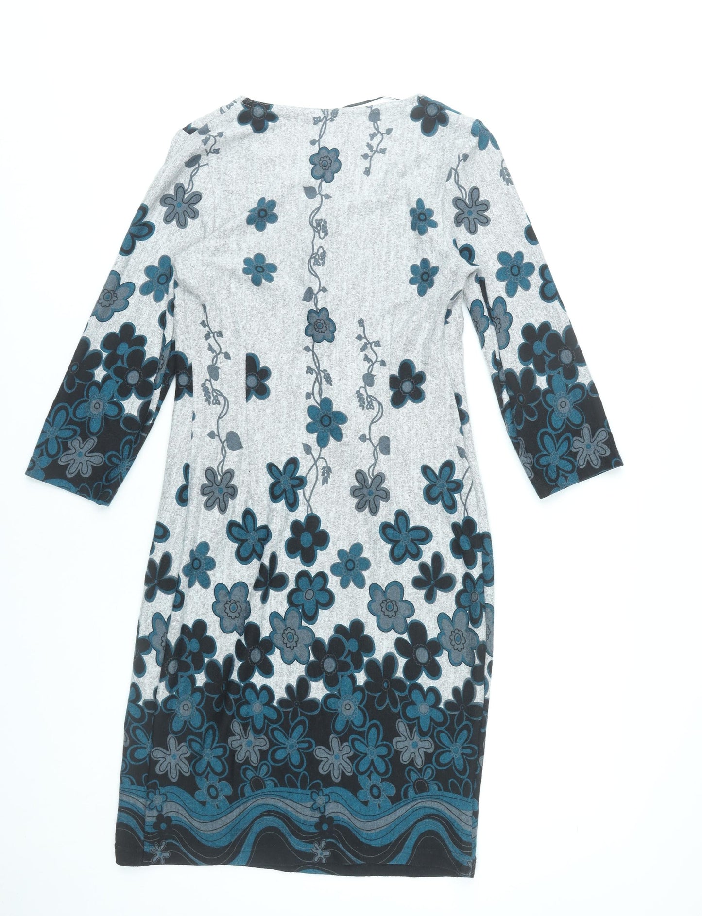 Roman Women’s Grey Blue Floral Shift Dress Size 10 Scoop Neck