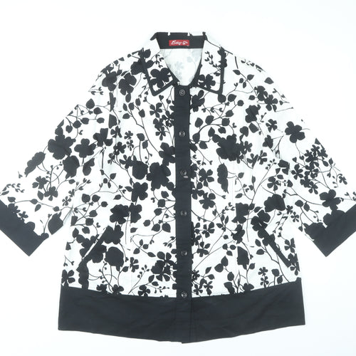 BrillianQin Womens Black White Floral Button-Up Shirt Tunic Size 16