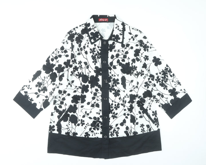 BrillianQin Womens Black White Floral Button-Up Shirt Tunic Size 16