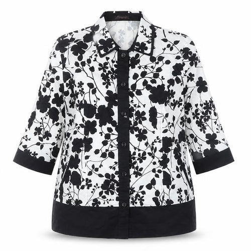 BrillianQin Womens Black White Floral Button-Up Shirt Tunic Size 16