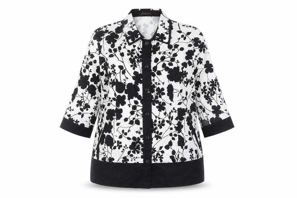 BrillianQin Womens Black White Floral Button-Up Shirt Tunic Size 16