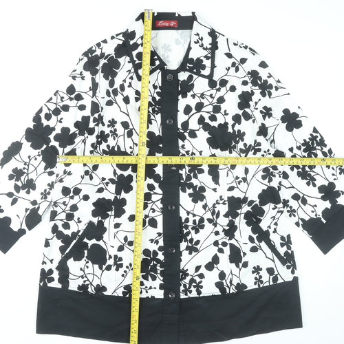 BrillianQin Womens Black White Floral Button-Up Shirt Tunic Size 16