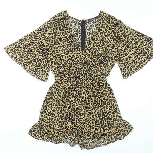 LUC-CE Womens Leopard Print Brown Playsuit Size L V-Neck Ruffle
