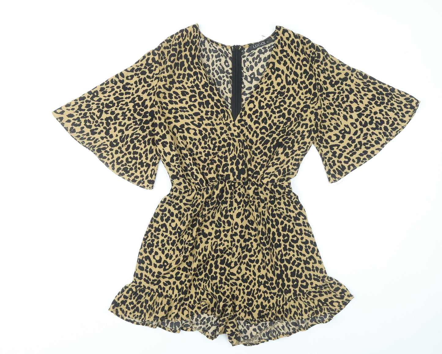 LUC-CE Womens Leopard Print Brown Playsuit Size L V-Neck Ruffle