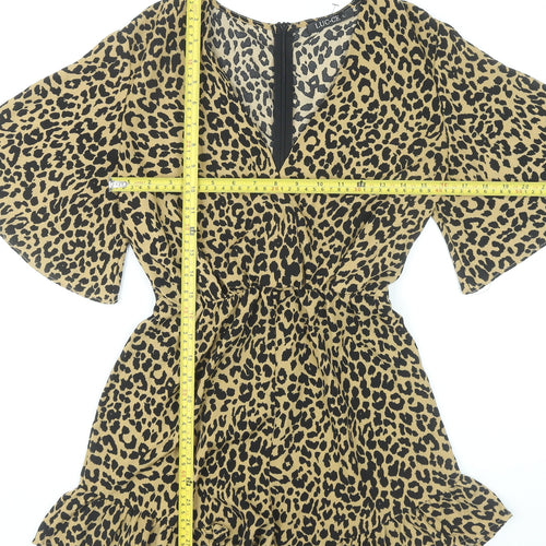 LUC-CE Womens Leopard Print Brown Playsuit Size L V-Neck Ruffle