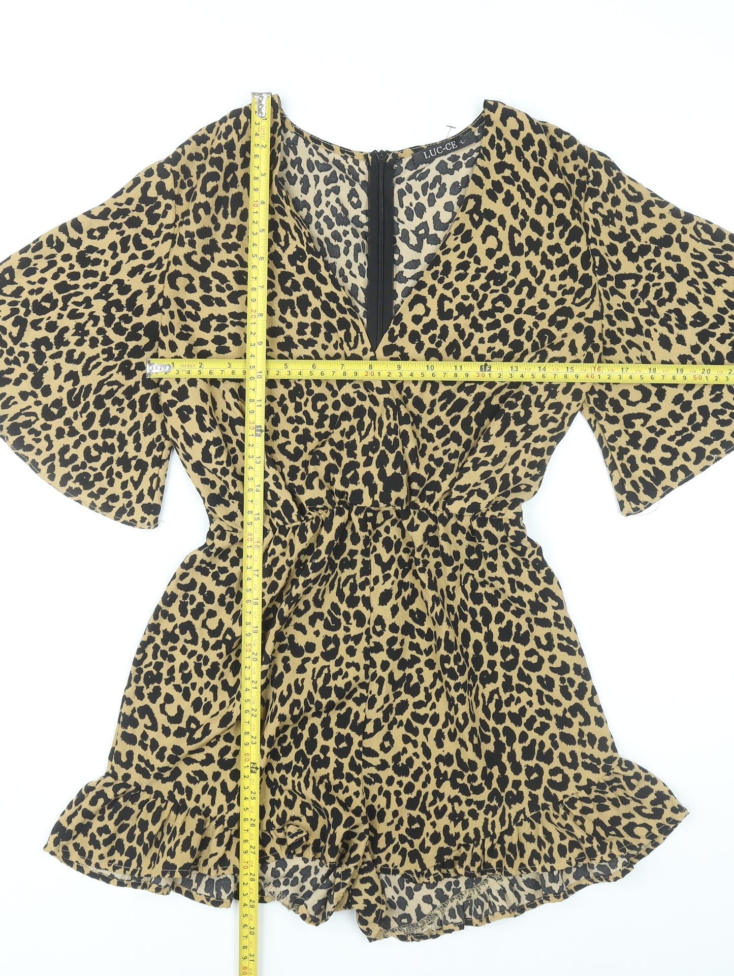 LUC-CE Womens Leopard Print Brown Playsuit Size L V-Neck Ruffle