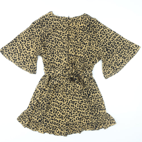 LUC-CE Womens Leopard Print Brown Playsuit Size L V-Neck Ruffle