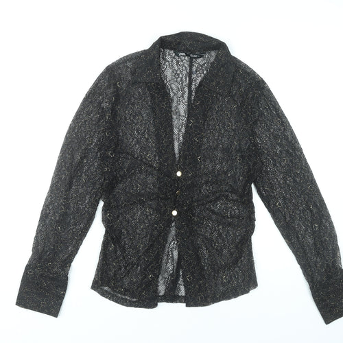 Zara Women Black Lace Glitter Long Sleeve Collared Blouse Size 12