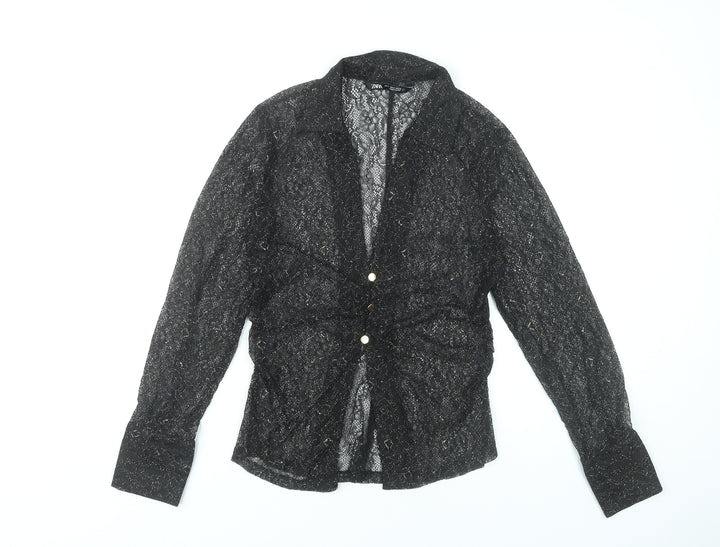 Zara Women Black Lace Glitter Long Sleeve Collared Blouse Size 12