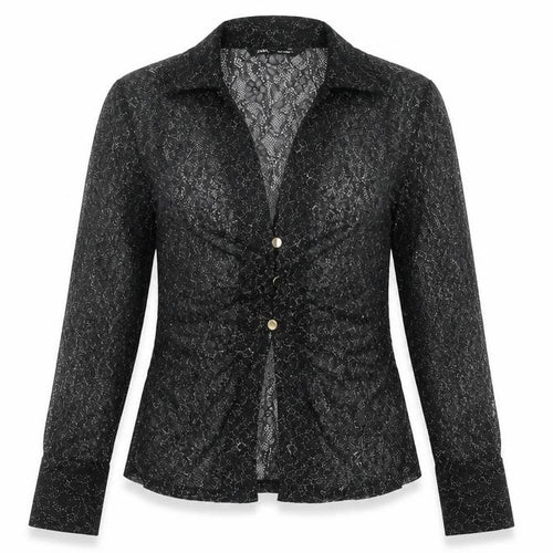 Zara Women Black Lace Glitter Long Sleeve Collared Blouse Size 12