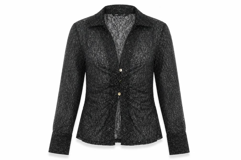 Zara Women Black Lace Glitter Long Sleeve Collared Blouse Size 12