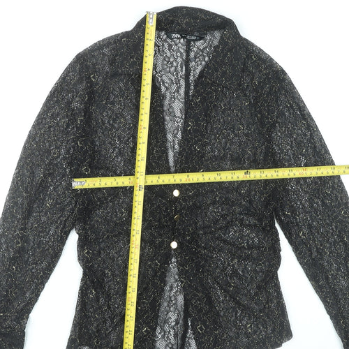 Zara Women Black Lace Glitter Long Sleeve Collared Blouse Size 12