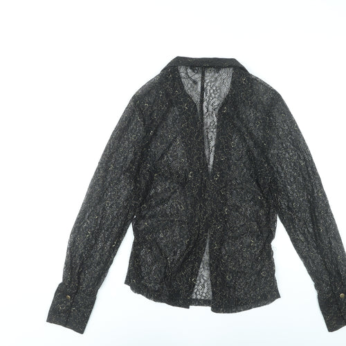 Zara Women Black Lace Glitter Long Sleeve Collared Blouse Size 12