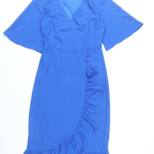 Topshop Women Blue Wrap Dress UK 8 Knee Length Ruffle V-Neck