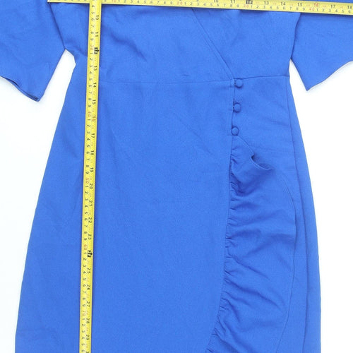 Topshop Women Blue Wrap Dress UK 8 Knee Length Ruffle V-Neck