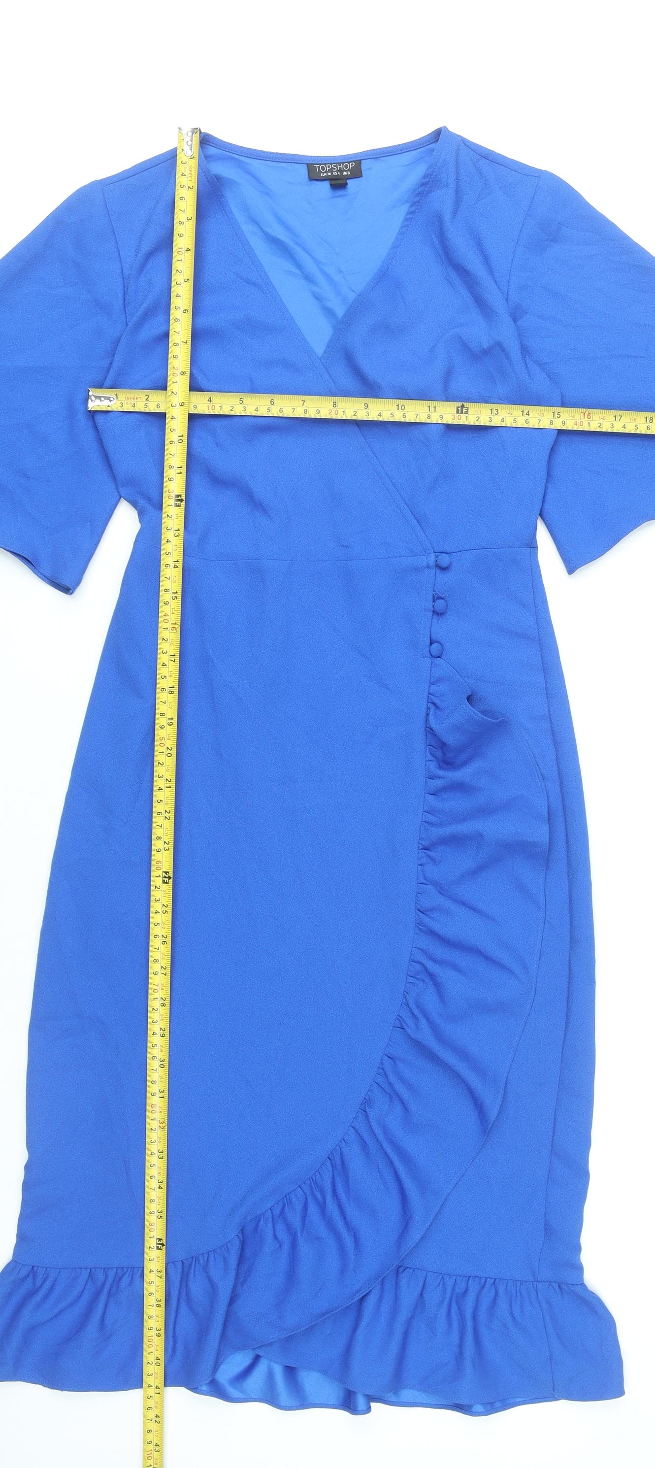 Topshop Women Blue Wrap Dress UK 8 Knee Length Ruffle V-Neck