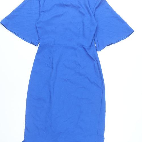 Topshop Women Blue Wrap Dress UK 8 Knee Length Ruffle V-Neck
