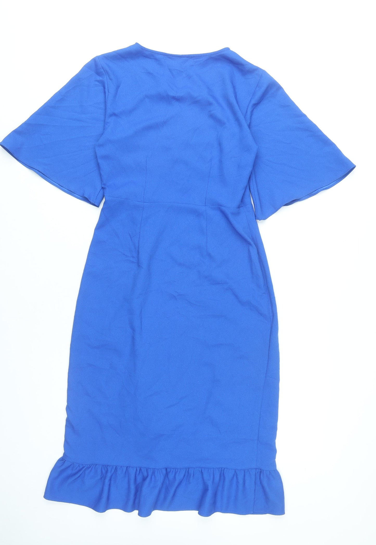 Topshop Women Blue Wrap Dress UK 8 Knee Length Ruffle V-Neck