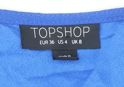 Topshop Women Blue Wrap Dress UK 8 Knee Length Ruffle V-Neck