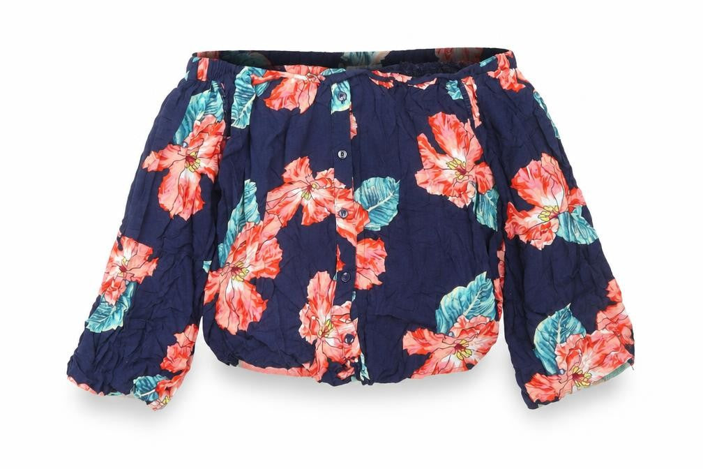 Front view of Solitaire Women’s Multicoloured Floral Rayon Blouse L Off Shoulder